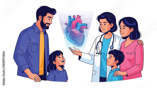 Family Doctor Consultation: A doctor is having a checkup with a family, illustrating concepts of health and care. The doctor is pointing to a digital heart hologram as the family stares.