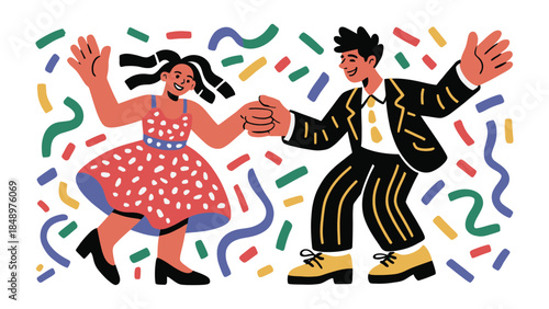 Joyful Dance Illustration: Vibrant illustration of a couple lost in the rhythm, dancing with pure glee and the joy of the moment, surrounded by confetti.