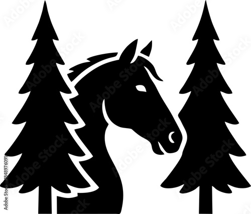 Negative Space Horse Head in Forest Trees Vector Logo