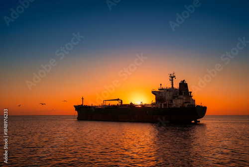 Oil tanker ship silhouette at sunset on open ocean. Maritime shipping cargo vessel at golden hour. International trade and naval blockade concept with dramatic sky.