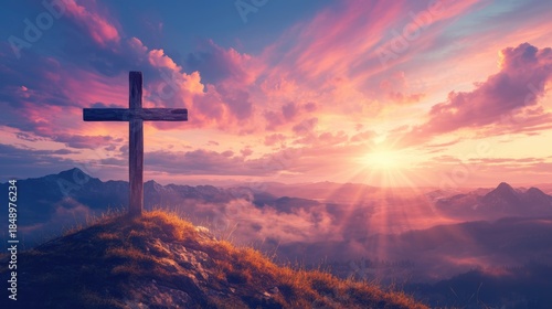 Wooden cross on a mountain peak at sunrise with dramatic clouds and golden light, creating a spiritual landscape scene переведи
