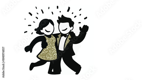 Dancing Couple Embrace: A simple illustration captures a moment of joy as a couple dressed in formal attire joyfully dances, surrounded by a spark of happiness and delight. 