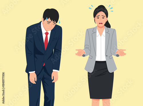 Exhausted and overwhelmed business people man slumps, sweating from burnout, next to a stressed, confused woman with hands up, symbolizing work problems or failure.