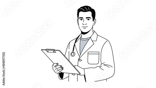 Doctor's Inspection: A medical professional stands confidently, holding a clipboard and stethoscope, ready to assist patient and providing expertise.