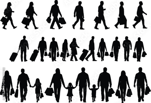 People walking and shopping silhouette vector illustration set, men, women, and families carrying bags and luggage for travel, tourism, and lifestyle design