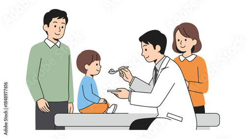 Nurturing Child's Health: A doctor skillfully feeds a young child during a medical checkup, with caring parents observe, embodying health, care, and the doctor's dedication.