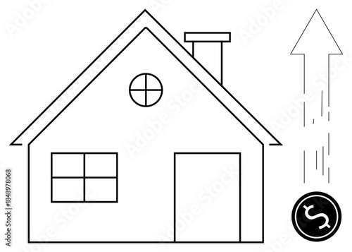 Real estate, property value, home buying, market trends, investments, economic growth. Line art of a house with an upward arrow and a dollar symbol. Real estate and property value concept
