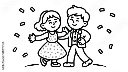 Dancing Duo: A charming monochrome illustration capturing a joyous couple gracefully dancing, surrounded by celebratory confetti, embodying the essence of celebration and romance.