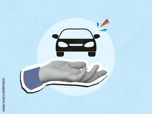 Black and white hand holds front view car silhouette. Modern photo collage style. Vector illustration