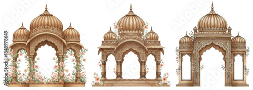 Row of ornate Indian temple arches and wedding mandaps suited for footer designs in Kankotri and religious invitations.