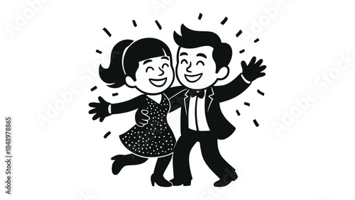 Dancing couple vector illustration:  Joyful couple embraces in a shared dance, exuding pure joy and a radiant bond. Perfect for themes of love, celebration, and partnership. 