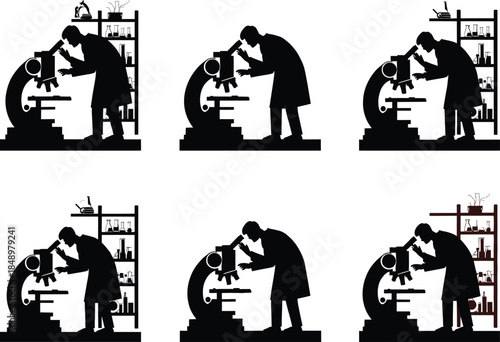 Scientist working with microscope in laboratory silhouette vector illustration, research experiment concept, science study, medical discovery, chemistry and biology laboratory background design