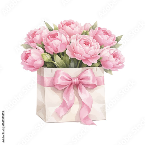 Elegant watercolor-style vector illustration of pink peonies in a gift box with ribbon, isolated on white background. Perfect for greeting cards, weddings, branding, decor, and floral designs.