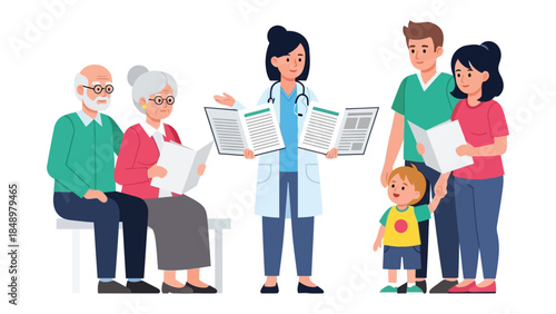 Healthcare Consultation: A doctor explains reports to a multigenerational family, fostering trust and providing care in a medical setting.