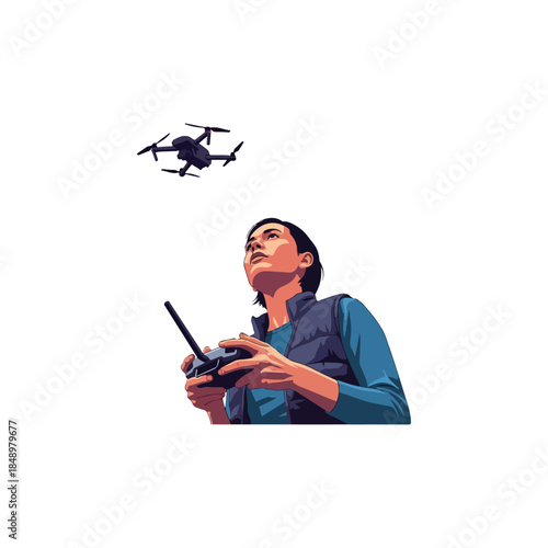 Woman operating drone with remote controller.