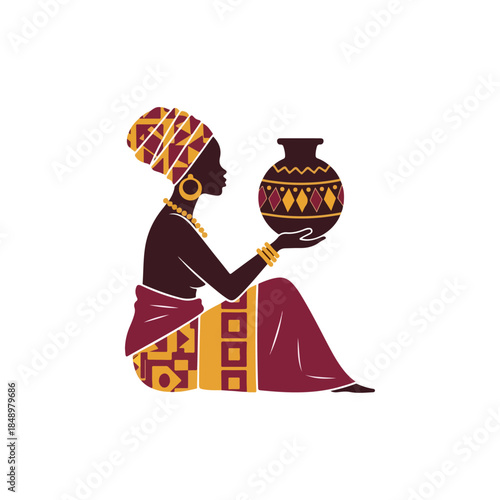 African woman seated holding decorative pot vessel.