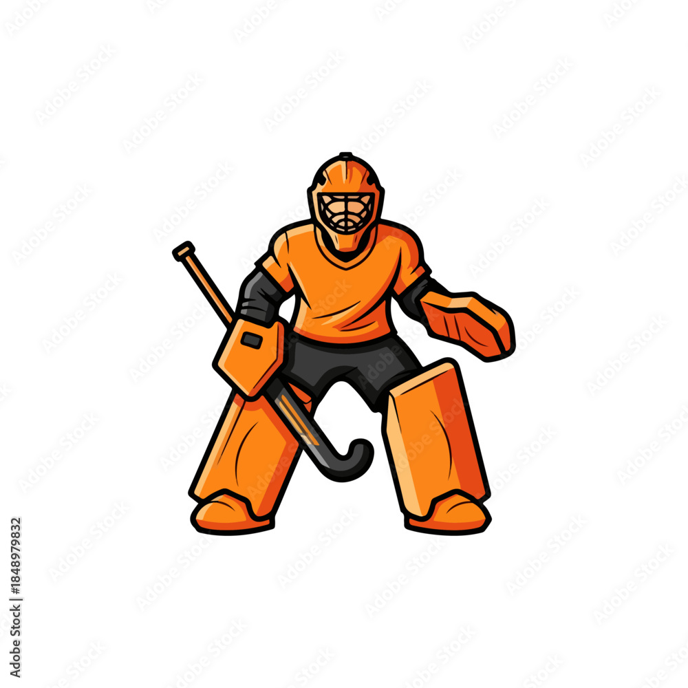 Obraz premium Cartoon Ice Hockey Goalie in Orange Gear Ready to Block Shots.