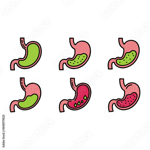 Cartoon Stomach Icon Set Showcasing Digestive Organ.