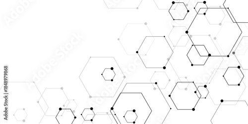 Molecular structure abstract tech background. Geometric white background. Vector banner design with hexagons. Science network pattern, connecting lines and dots Medical background, Vector illustration