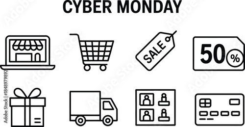 Set of cyber monday and black friday online shopping outline icons