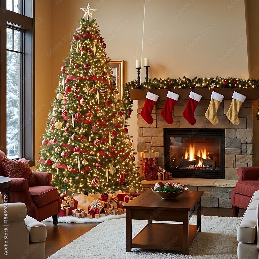 Obraz premium A cozy living room interior features a decorated Christmas tree beside a glowing fireplace with holiday ornaments, festive lights, and presents for a warm winter home celebration