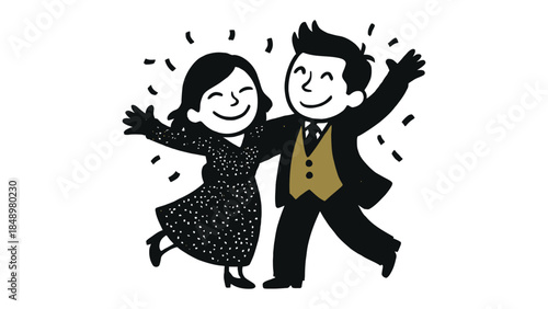 Joyful Pair Embracing Life's Celebrations: A charming illustration depicts a couple in elegant attire, joyfully dancing amidst a shower of celebratory confetti.