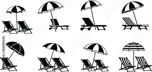 Beach Chair and Umbrella Silhouette Set: Black and White Sun Loungers and Parasol Collection for Summer Vacation Resort Icons