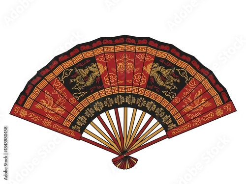 Decorative Asian Fan with Dragon Motif A Classic Cultural Element in Red and Gold