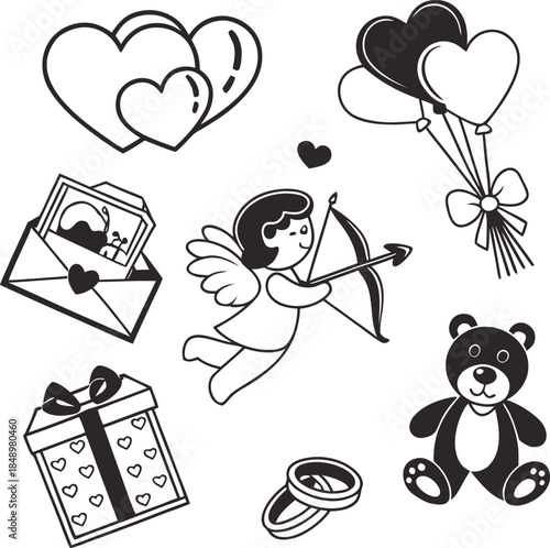 Valentine's day love wedding symbols set including heart balloons cupid teddy bear present and wedding rings in black and white outline graphic style for romantic celebration designs