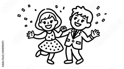 Joyful Celebration: A charming illustration depicts a celebratory scene with a cheerful couple dancing happily amidst confetti. They are embracing the moment with radiant smiles.