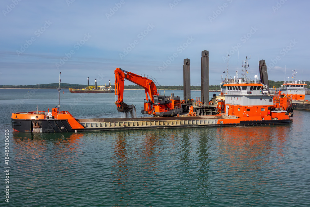 custom made wallpaper toronto digitalLarge Dredging Vessel with Excavator Working in Harbor. Marine Construction Barge Performing Seabed Dredging for Port Development and Industrial Waterfront Projects
