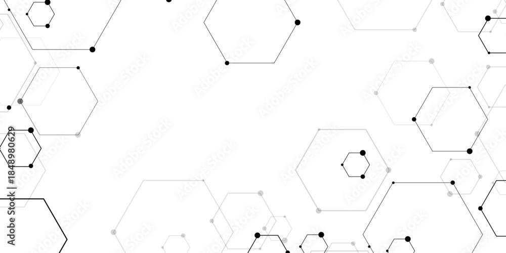 Obraz premium Molecular structure abstract tech background. Geometric white background. Vector banner design with hexagons. Science network pattern, connecting lines and dots Medical background, Vector illustration