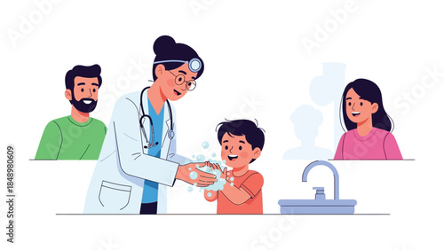 Health Check: A friendly pediatrician demonstrates proper hand hygiene to a young patient, promoting health and wellness. Focused on preventative care in a welcoming, caring environment.