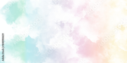 Abstract colorful watercolor cloudy paper texture vector background. Color splashing paper with watercolor splashes. Fantasy light pink, orange, shades watercolor background with cloud banner design.	