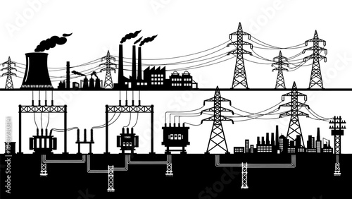 Electric Power Generation and Transmission Grid Silhouette – Energy Infrastructure Illustration