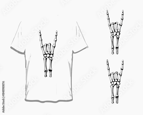 A simple illustration of a white t shirt with skeletal hand gestures displayed