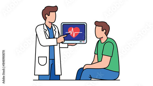 Doctor Explaining Heartbeat: A doctor, with a stethoscope around his neck, explains a heartbeat on a monitor to a patient. Demonstrating the importance of heart health in a medical setting.