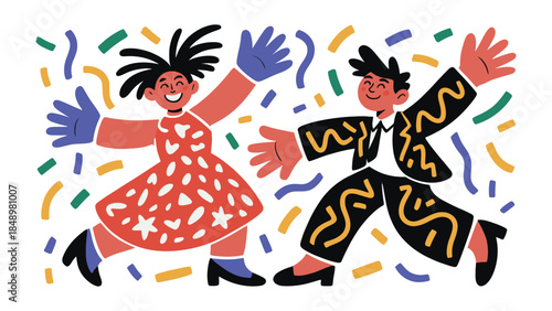 Joyful Dancing Duo: A vibrant illustration showcasing a lively dance with energy and rhythm, capturing the joy and exuberance of celebration and festive spirit.