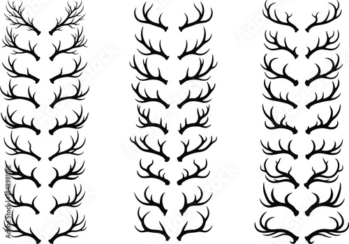 Set of elegant deer antler silhouettes, black vector horn collection for design, tattoo, logo, hunting emblem, rustic and wildlife decoration elements