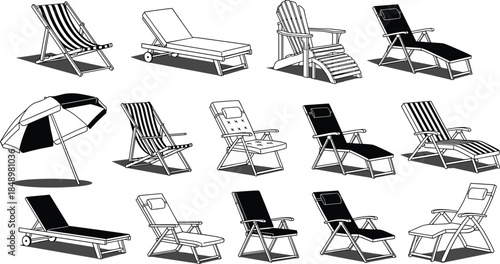 Beach lounge chair collection illustration, outdoor sunbed and deck chair set, summer vacation furniture icons in clean vector style