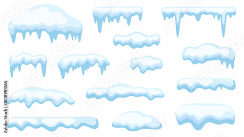 Collection of cartoon snow drifts and icicles isolated on a white background