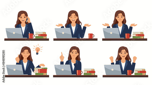 Business Woman Working on Laptop with Multiple Expressions – Professional Office Illustration Set
