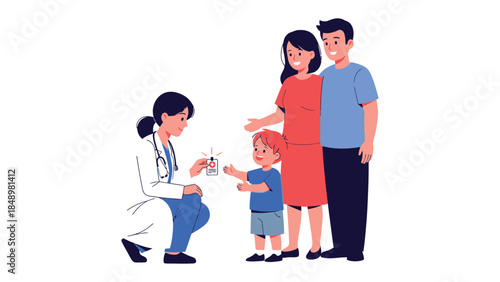 Healthcare Harmony: A pediatrician administering a vaccine to a child, with the parents providing support, fostering trust and care. 