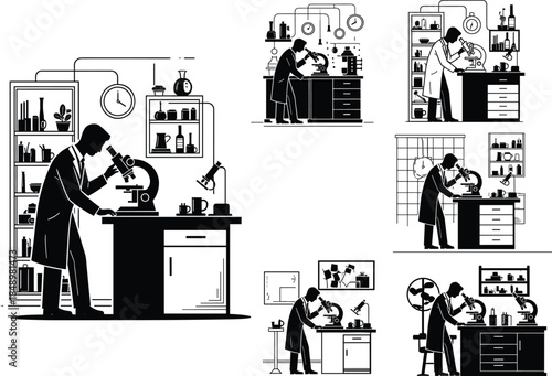 Scientist working in laboratory with microscope vector illustration, research experiment concept, biology and chemistry study, modern science lab interior design background