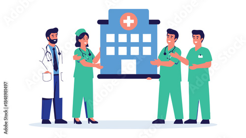 Healthcare Team with Medical Center: A united healthcare team collaborates, symbolizing care and medical expertise, holding a graphic of a hospital.