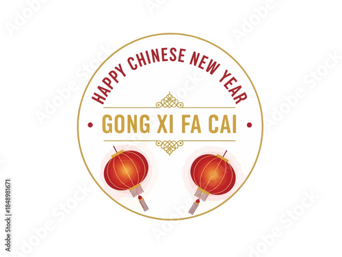 Happy Chinese New Year celebration circle design with red lanterns and greeting