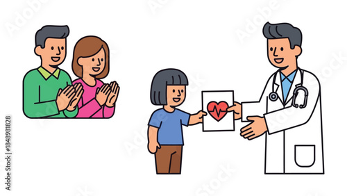 Healthcare Harmony: A young patient happily receives a positive diagnosis from a medical expert, witnessed by supportive family, symbolizing hope, reassurance, and shared well-being.