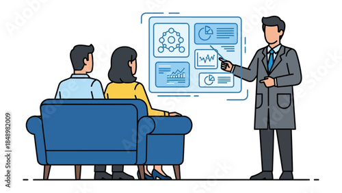 Financial Consultation Illustration: A Financial Advisor provides guidance to a couple, explaining complex financial concepts with an interactive display.