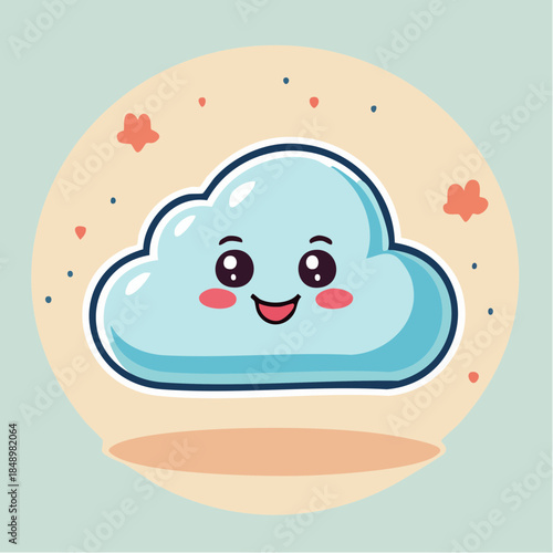 Cute cartoon cloud with a happy face and rosy cheeks on a pastel background.