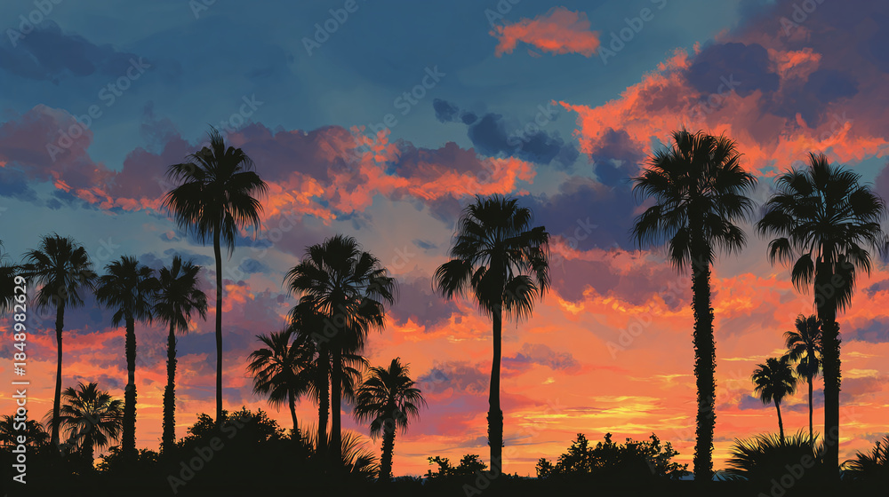 Obraz premium Palm trees silhouetted against a vibrant sunset sky